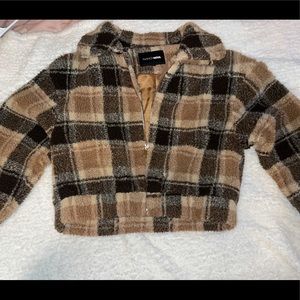 Fashion nova brown plaid zip up jacket.